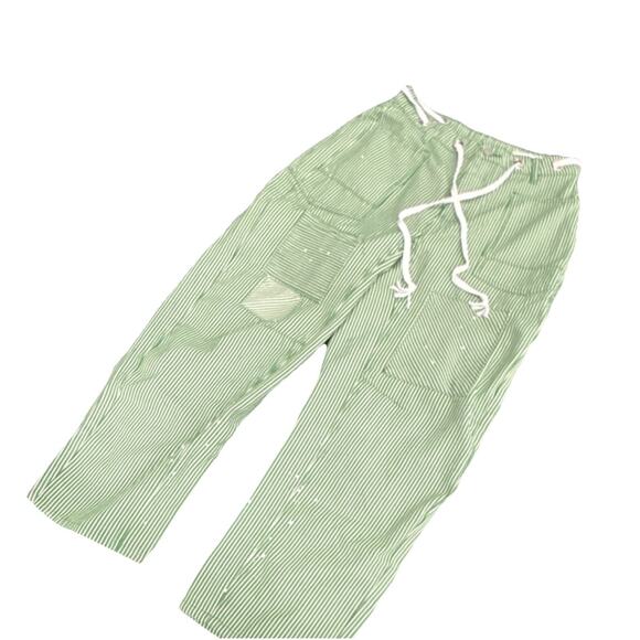 Unbranded Pants - Women's Green White Striped Mid Rise Casual Pants Drawstring Waist Size 08